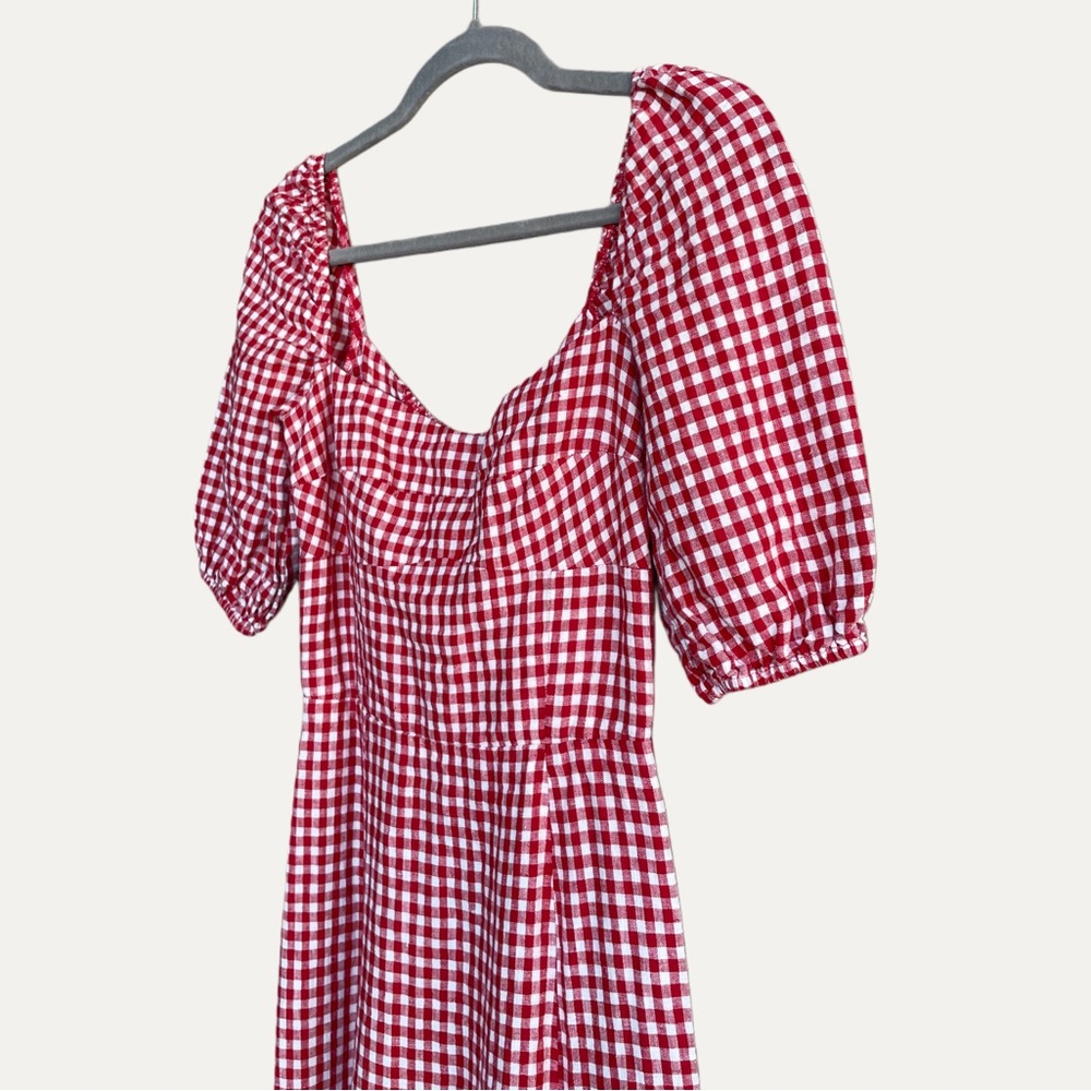 REFORMATION Red Gingham Check Puff Sleeve Cottagecore Linen Belgium Midi Dress - Picture 10 of 16